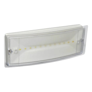 White rectangular LED emergency bulkhead light with clear polycarbonate diffuser and yellow LED indicator lights visible insi
