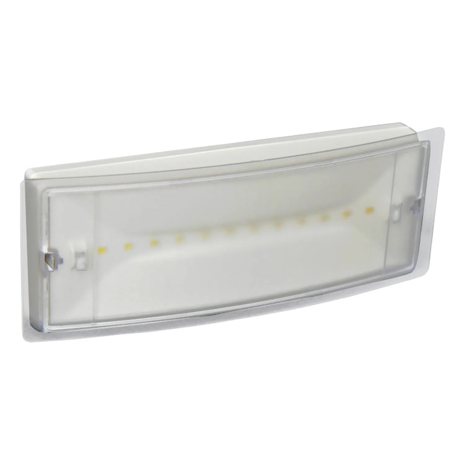 White rectangular LED emergency bulkhead light with clear polycarbonate diffuser and yellow LED indicator lights visible insi