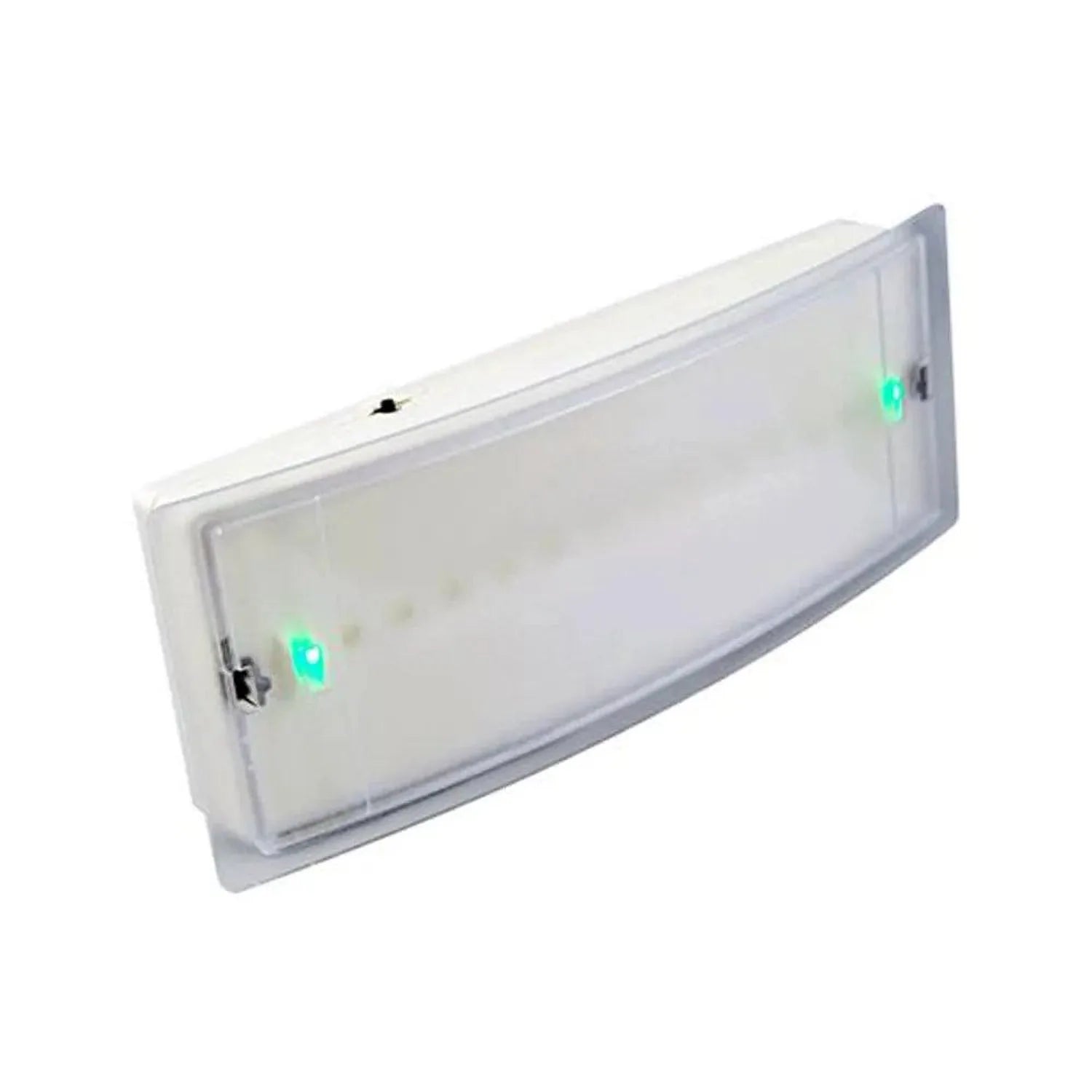White rectangular LED emergency bulkhead light with translucent diffuser panel and two green indicator lights mounted on righ