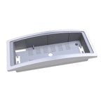 White rectangular LED emergency bulkhead light fixture with ventilation slots, mounting brackets, and central aperture, shown