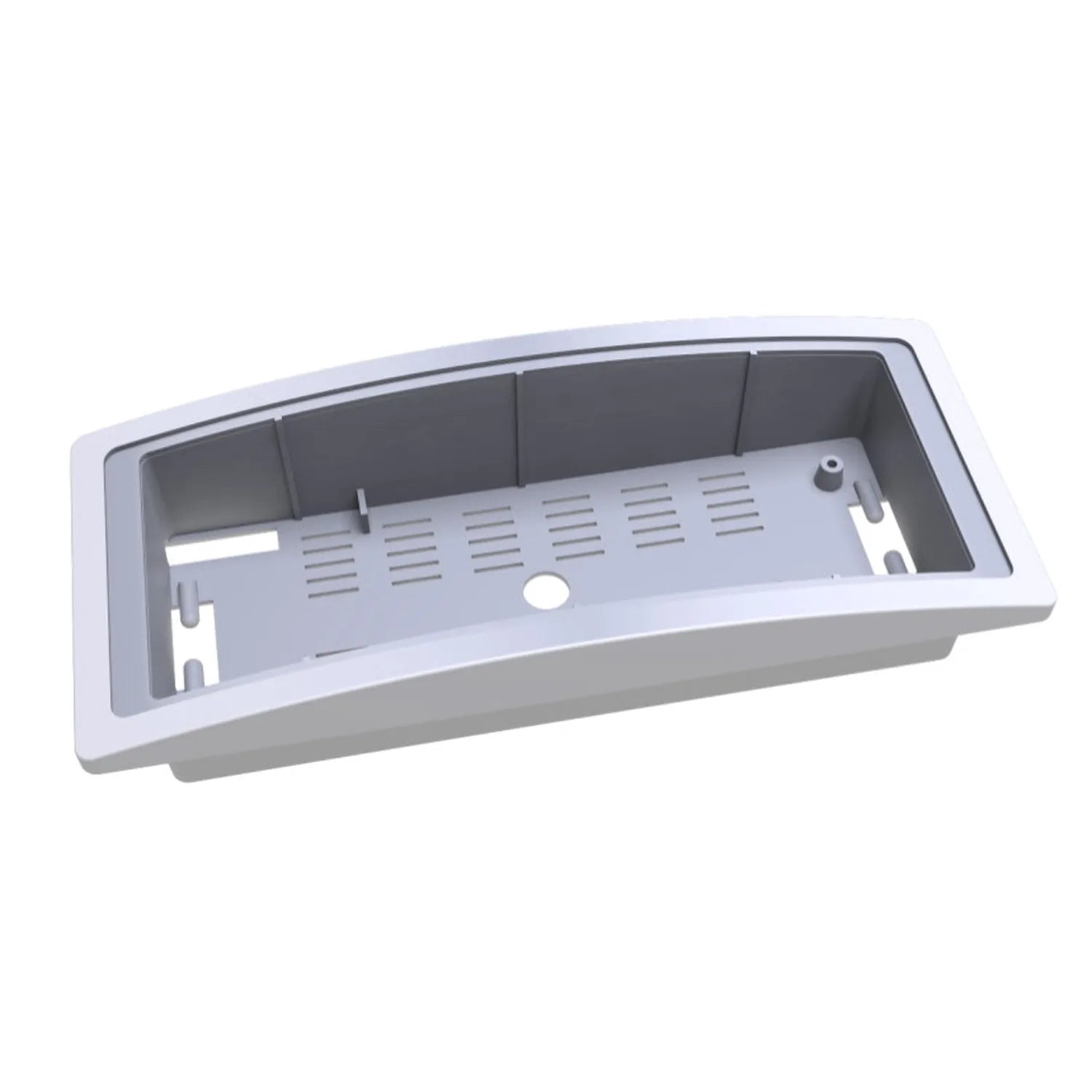 White rectangular LED emergency bulkhead light fixture with ventilation slots, mounting brackets, and central aperture, shown