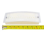 White LED emergency bulkhead light measured against tape measure showing approximately 9 inches width, dimension reference ph