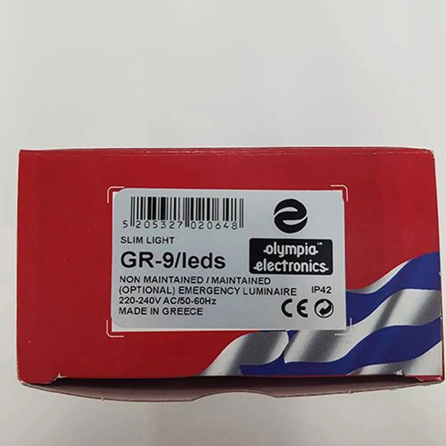 Red packaging box for Olympia Electronics GR-9/leds slim light emergency bulkhead, made in Greece, 220-240V AC/50-60Hz.