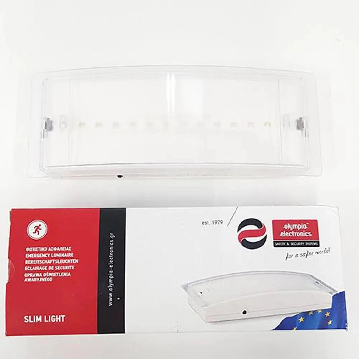 LED emergency bulkhead light with product packaging showing Olympia Electronics branding and slim light design specifications