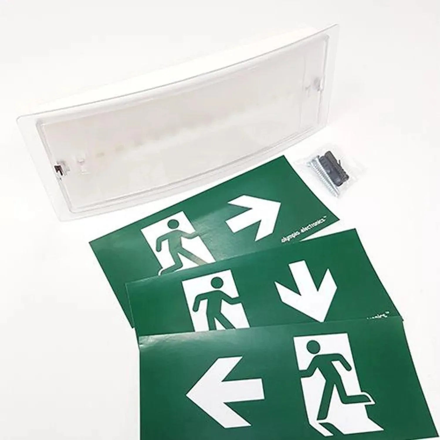 LED emergency bulkhead light with clear plastic housing and interchangeable directional exit sign panels showing running figu