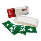 LED emergency bulkhead light with packaging box, interchangeable green exit sign panels showing running figure and arrow symb