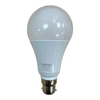 Voltacon 10W B22 LED bulb, white dome-shaped with specifications label visible on base, mounted on brass B22 socket.