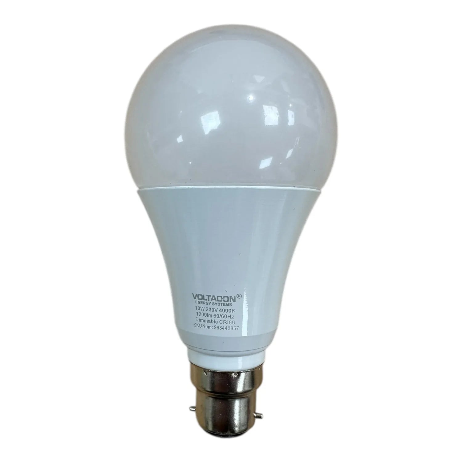 Voltacon 10W B22 LED bulb, white dome-shaped with specifications label visible on base, mounted on brass B22 socket.