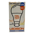 Ledison 10W dimmable LED bulb packaging showing B22 bayonet fitting, 230V, with "Feel Good Light" branding and product specif