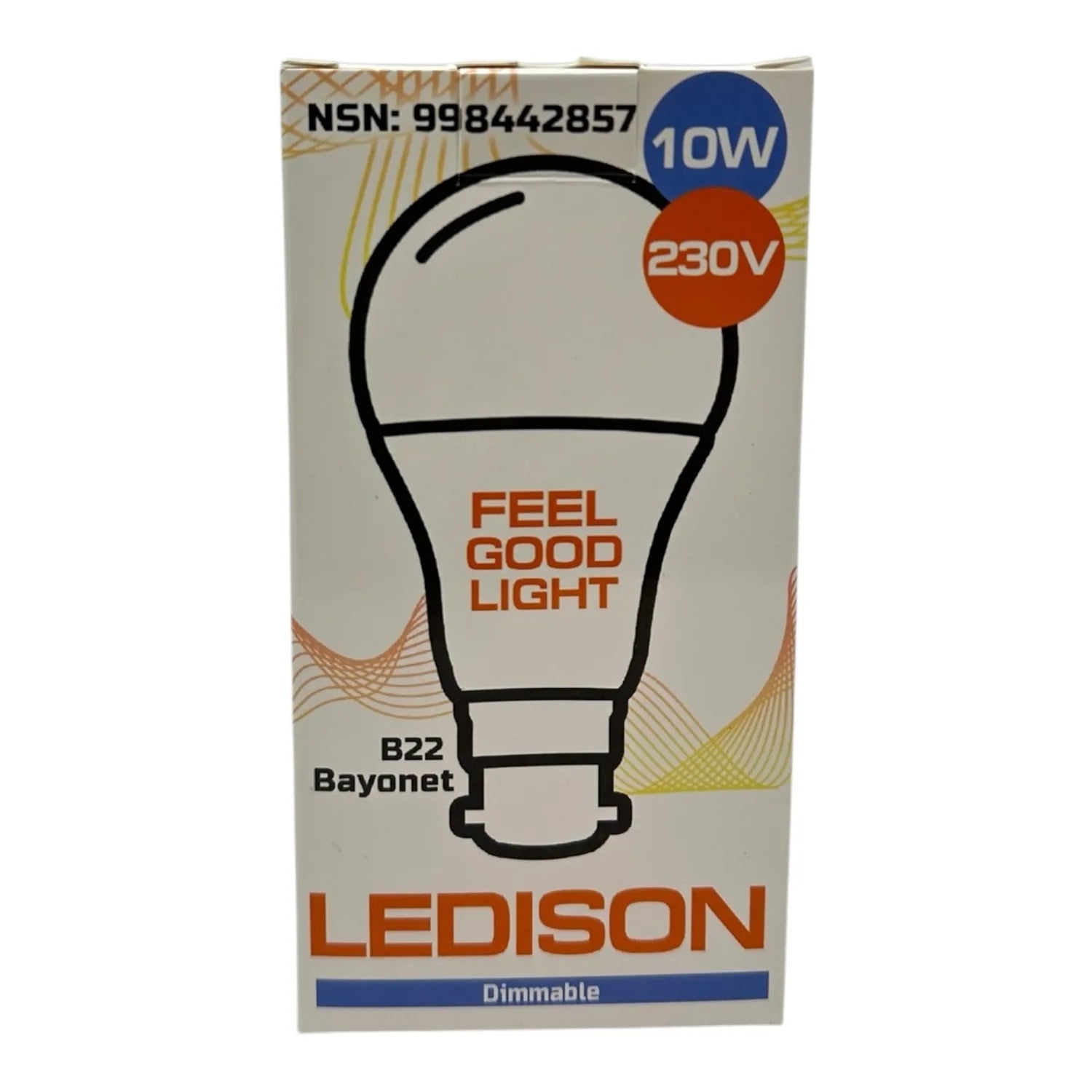Ledison 10W dimmable LED bulb packaging showing B22 bayonet fitting, 230V, with "Feel Good Light" branding and product specif