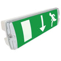 Green and white LED emergency exit light with downward arrow and running figure icons, white housing visible on sides.