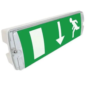 Green and white LED emergency exit light with downward arrow and running figure icons, white housing visible on sides.