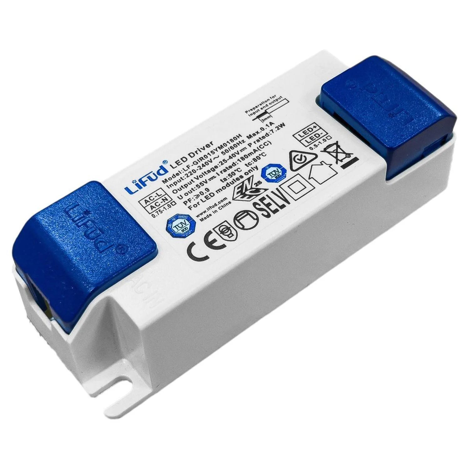 Lifud LED Driver power supply with white housing and blue end caps, showing specifications label and CE certification marks.