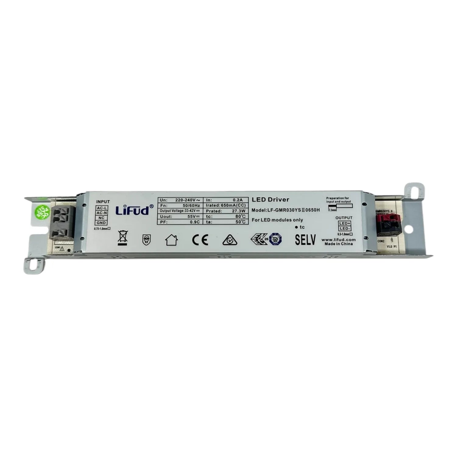 Lifud LED driver unit showing specifications label, input/output terminals, and mounting brackets on white background.