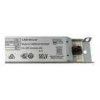LED driver unit showing specifications, output terminals, and certification markings on gray metal housing.