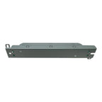Gray metal LED driver mounting bracket with ventilation slots and mounting holes, front view.