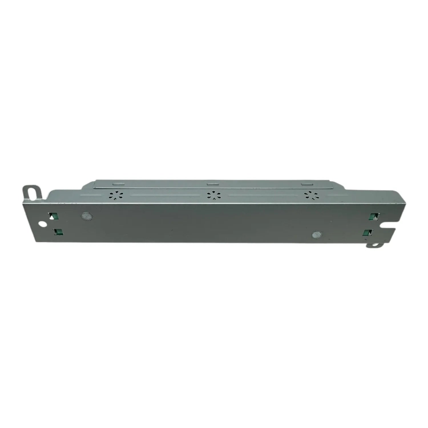 Gray metal LED driver mounting bracket with ventilation slots and mounting holes, front view.
