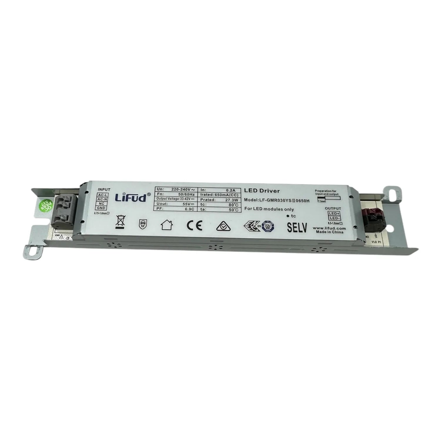 Lifud LED driver unit, model LF-GMR030YS, showing input/output specifications and CE certification marking on label.