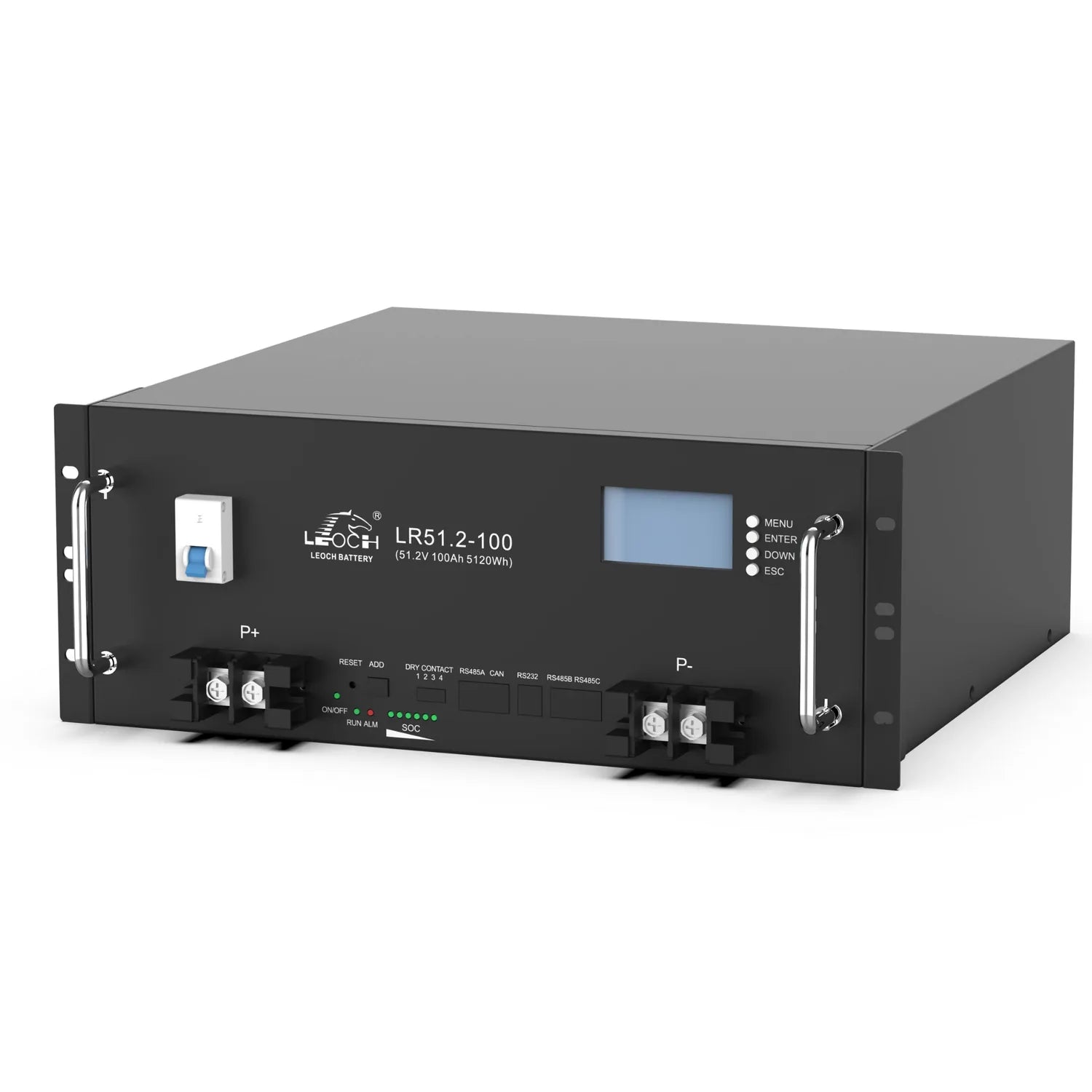 Leoch LR51.2-100 lithium battery system, black metal enclosure with blue LCD display, front-mounted controls and terminal con