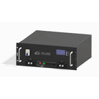 Leoch LFELI-48100 lithium battery system, rack-mounted industrial unit with blue LCD display, front panel controls, and dual 