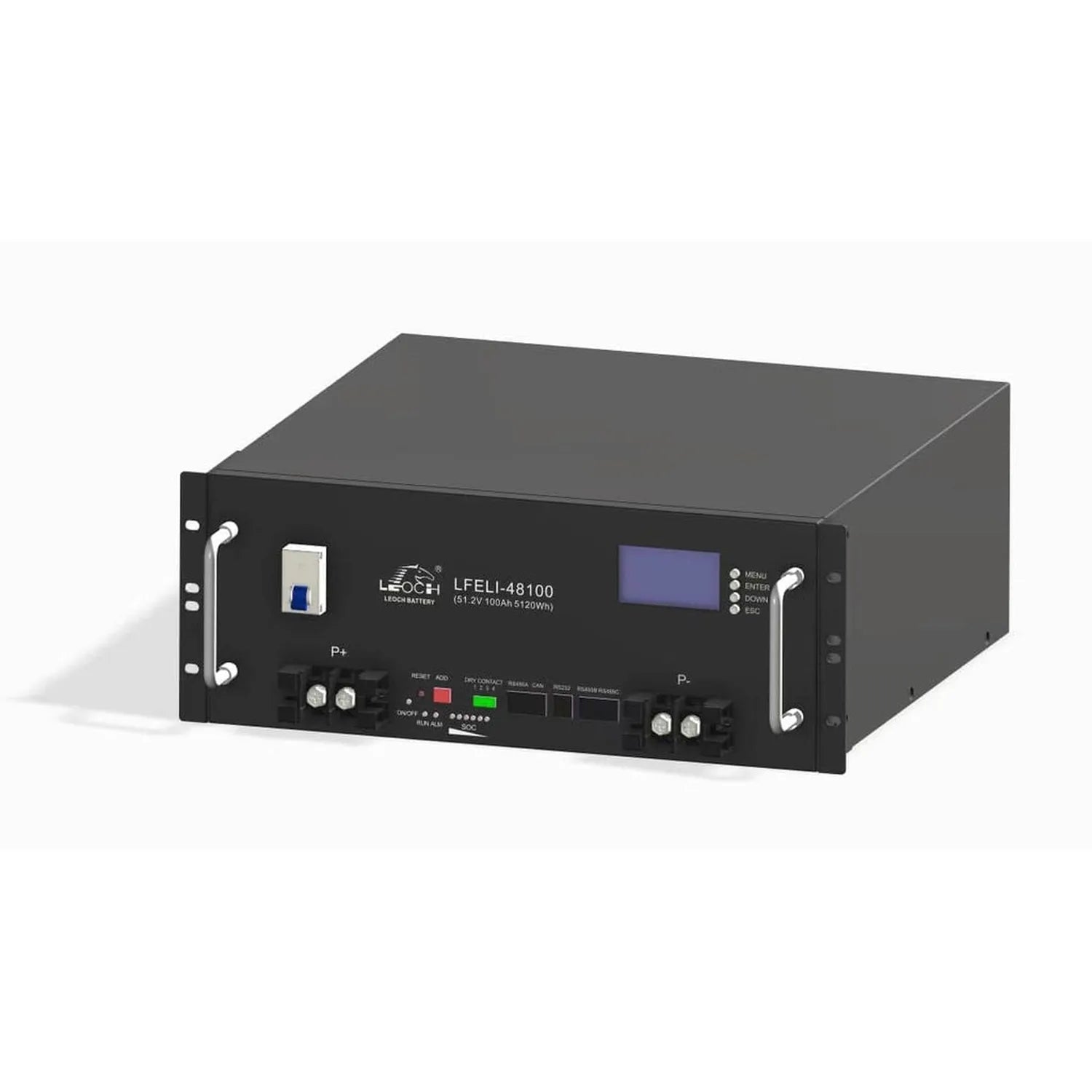 Leoch LFELI-48100 lithium battery system, rack-mounted industrial unit with blue LCD display, front panel controls, and dual 