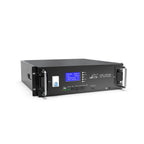 Leoch LFELI-48100G rack-mounted lithium battery with blue LCD display showing voltage and temperature readings, front panel c