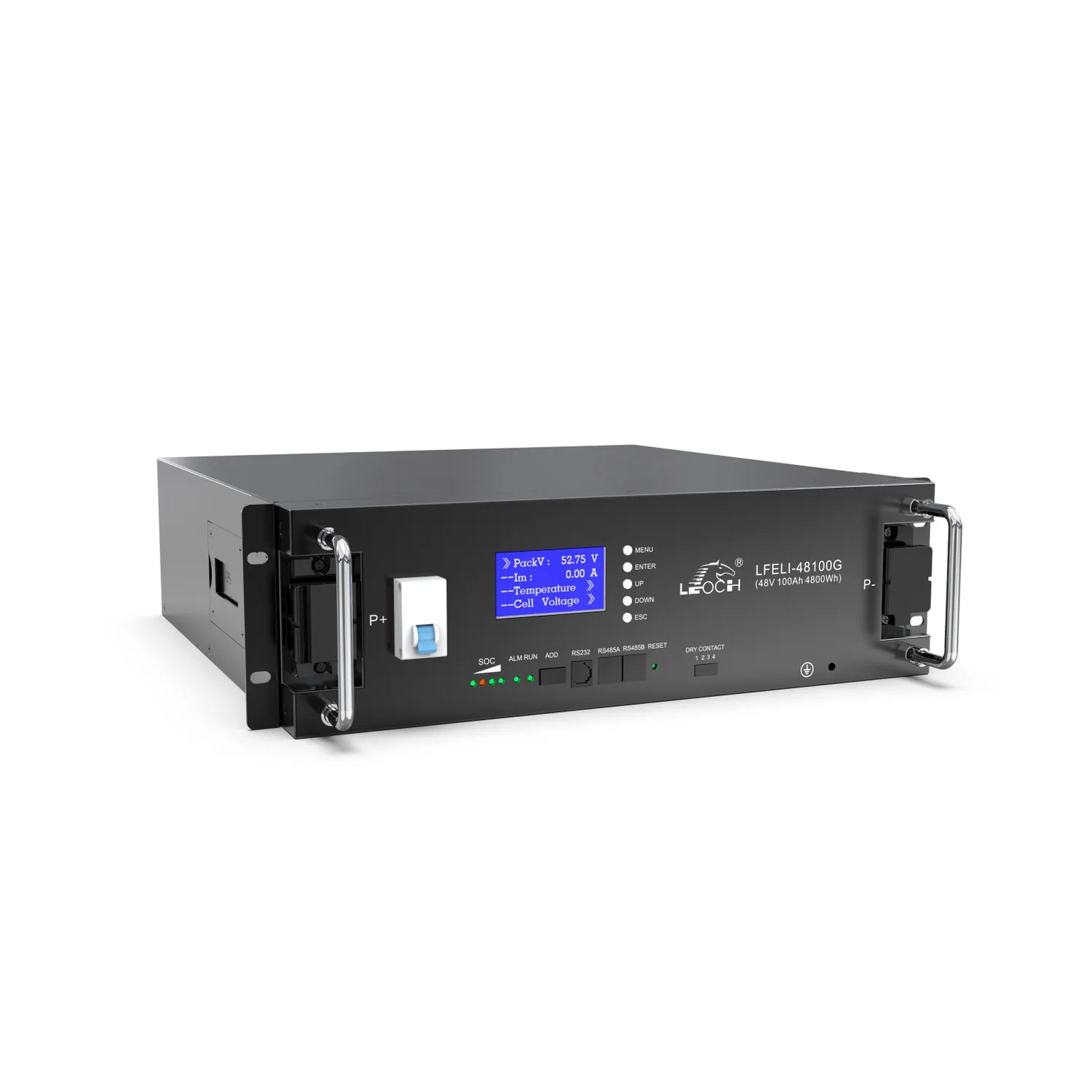 Leoch LFELI-48100G rack-mounted lithium battery with blue LCD display showing voltage and temperature readings, front panel c