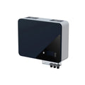 Compact rectangular lithium battery unit with light gray body and dark front panel, featuring two top-mounted slots and contr