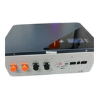 LiFePO4 lithium battery unit with gray housing, orange and black connector terminals, digital display screen, and control but