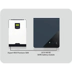 Axpert VM II Premium 5kW inverter next to LIO II-4810E 5kWh battery module on gray background.