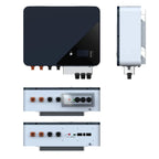 Multiple views of a dark rectangular solar inverter with control panel, showing front face with display and connectors, side 