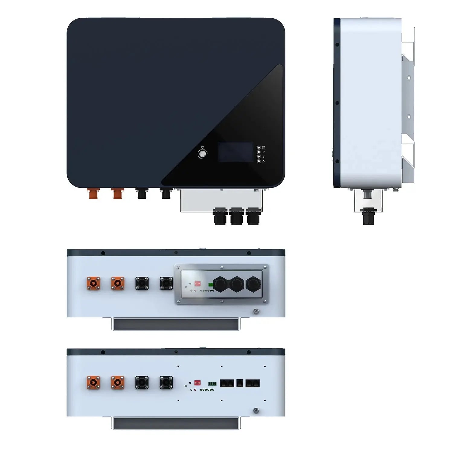 Multiple views of a dark rectangular solar inverter with control panel, showing front face with display and connectors, side 