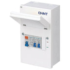 White CHINT consumer unit with hinged cover open, showing orange isolator switch and three blue circuit breakers inside, moun