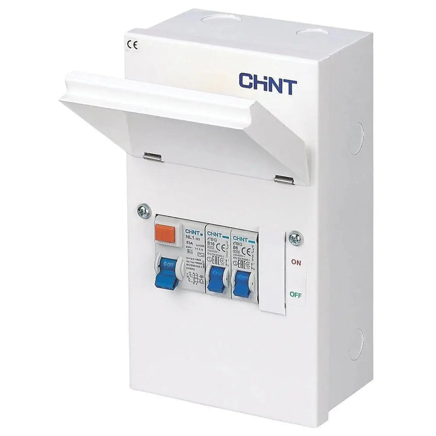 White CHINT consumer unit with hinged cover open, showing orange isolator switch and three blue circuit breakers inside, moun