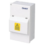 White CHINT electrical consumer unit with yellow danger warning label for 230 volts, showing product alone against white back