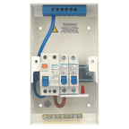 White electrical consumer unit with blue terminal block, CHNT components, and red earthing cable for solar inverter installat