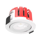 White recessed downlight with red fire-rated housing and internal mechanism visible, shown at angle against white background.