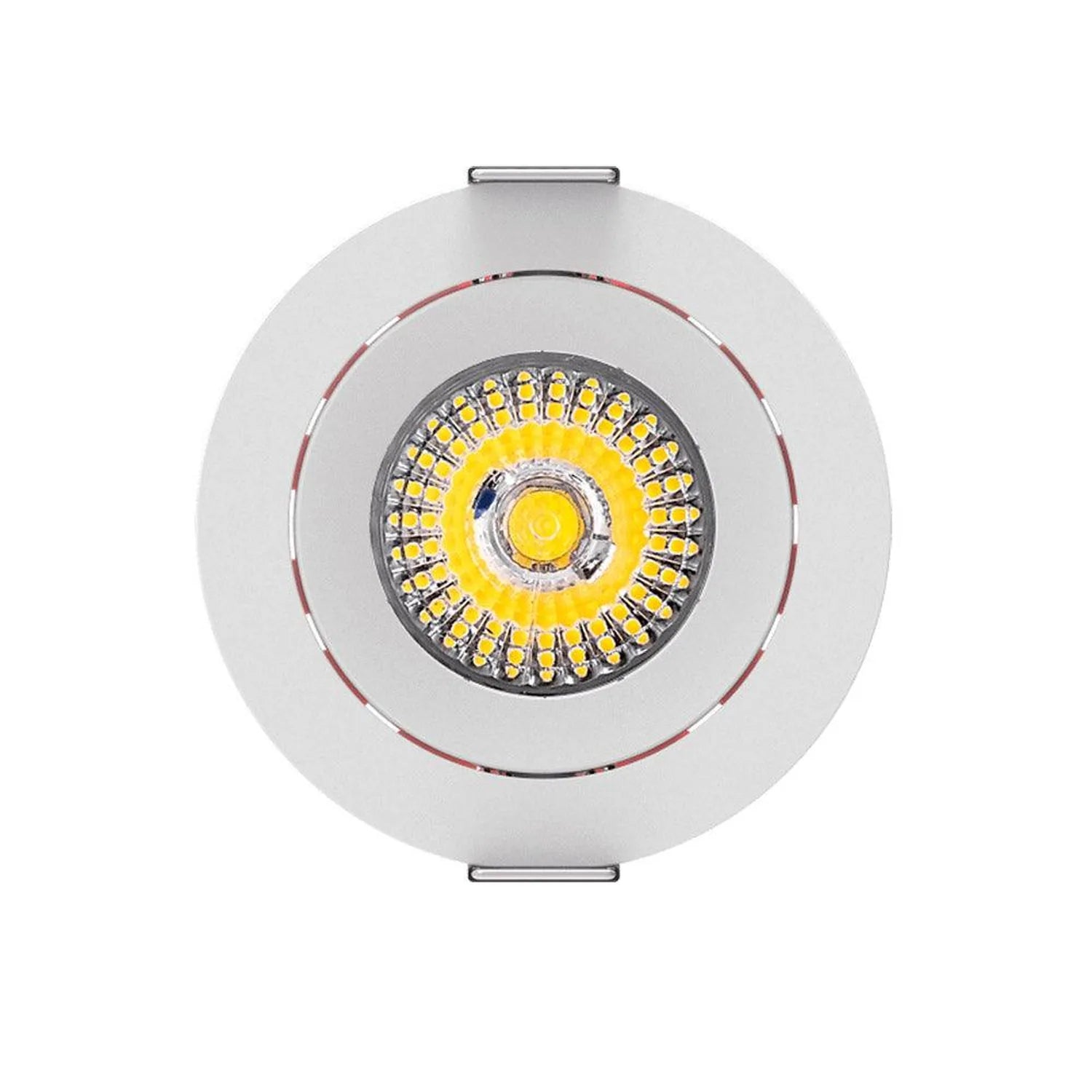 White circular LED downlight with yellow LED module visible through center, tilted mounting brackets on sides, shown against 