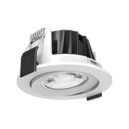 White recessed LED downlight with adjustable tilt mechanism and internal black housing visible from above.