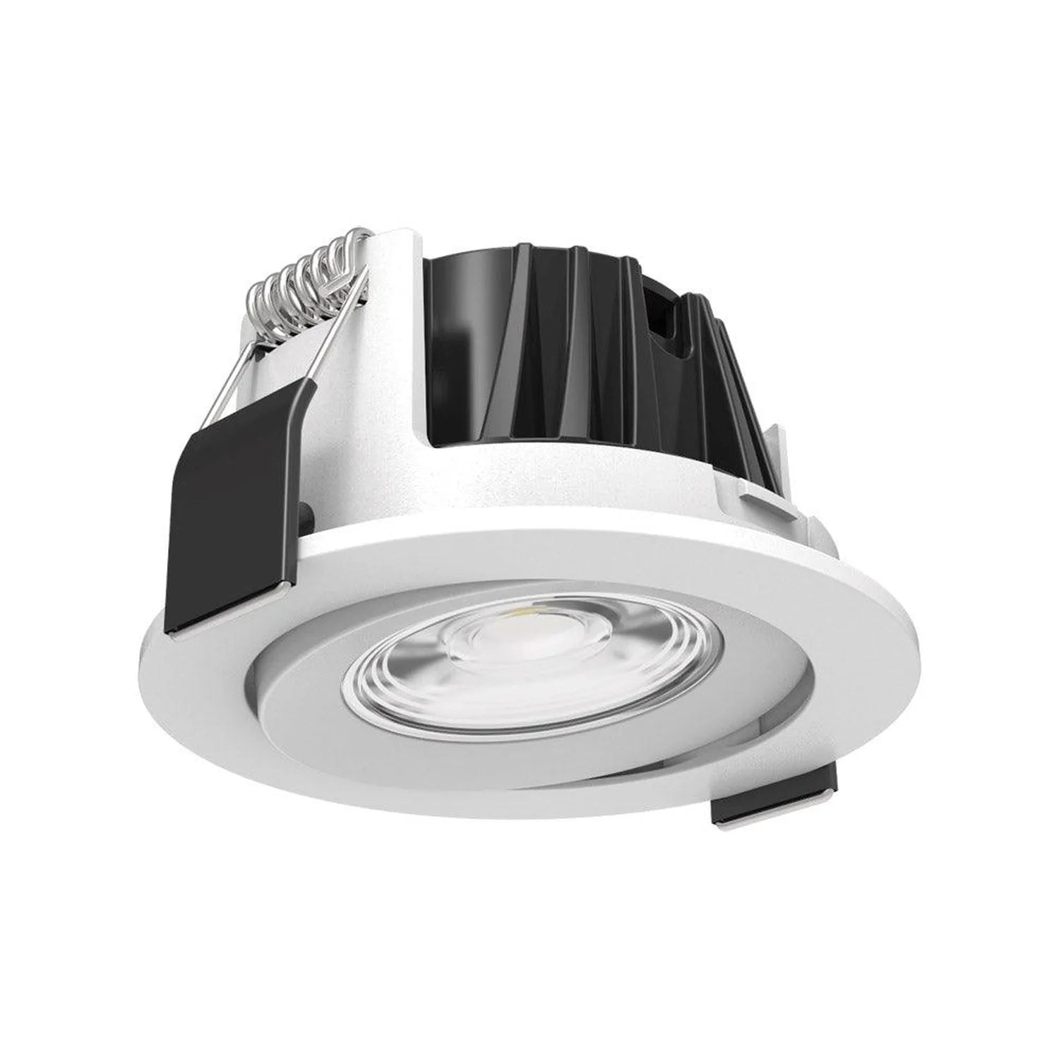 White recessed LED downlight with adjustable tilt mechanism and internal black housing visible from above.