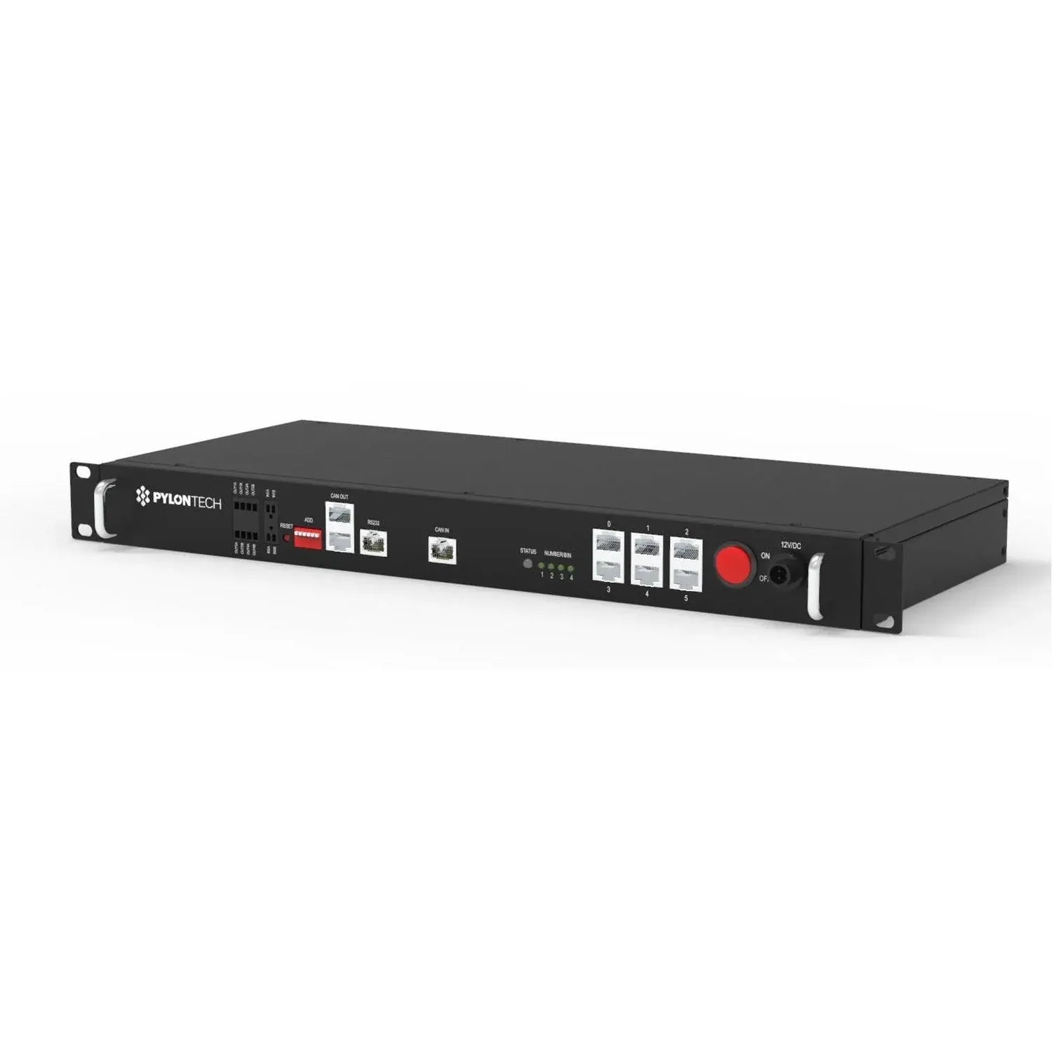 Pylontech LV Hub 48V battery communication device, black rackmount unit with front panel controls and indicator lights.