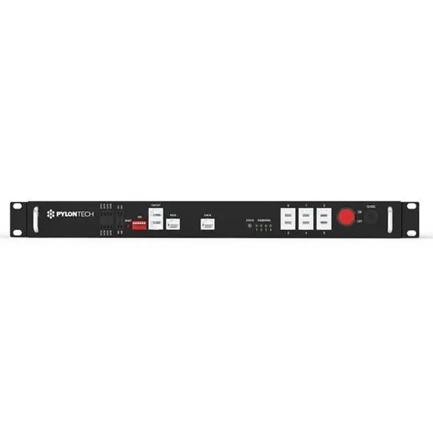 Pylontech LV Hub 48V Battery Parallel Communication Hub, 1U rack-mount front panel with connectors, switches, and red power b
