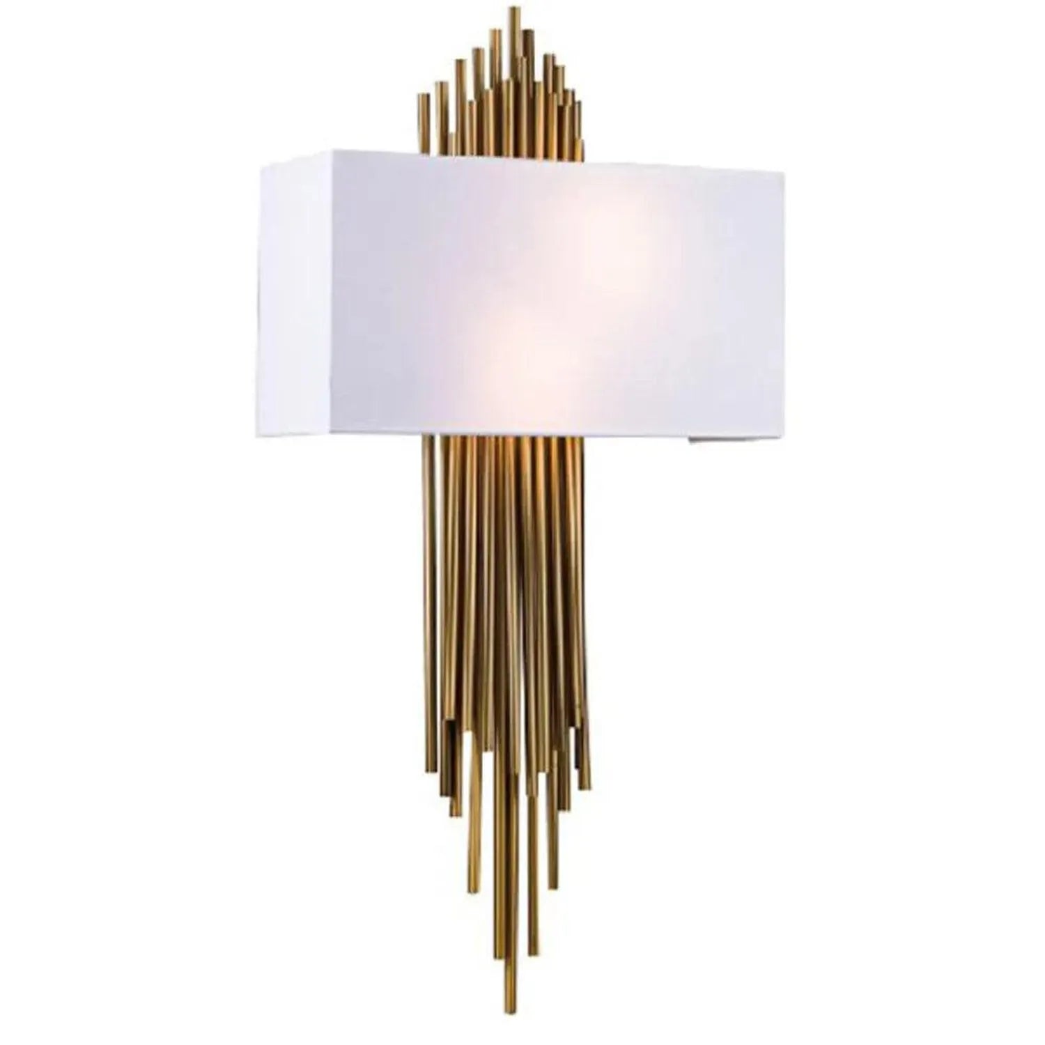 Gold finish wall light with white rectangular shade and cascading brass rods, product alone on white background.