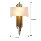 Lavenham gold wall light with cream shade and cascading rods, 50cm height, 28cm width, dimension diagram.