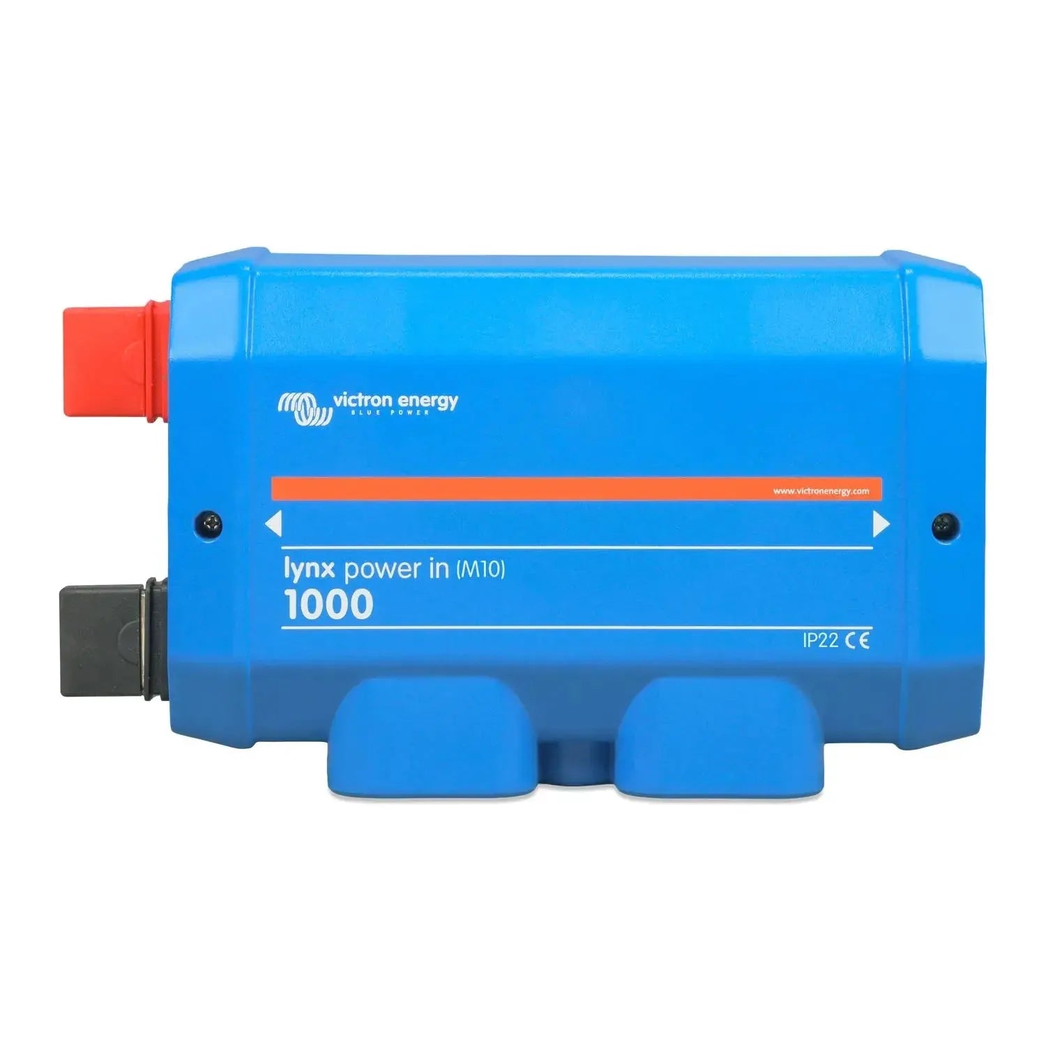 Blue Victron Energy Lynx Power In M10 1000 inverter charger with red terminal connector, shown against white background.