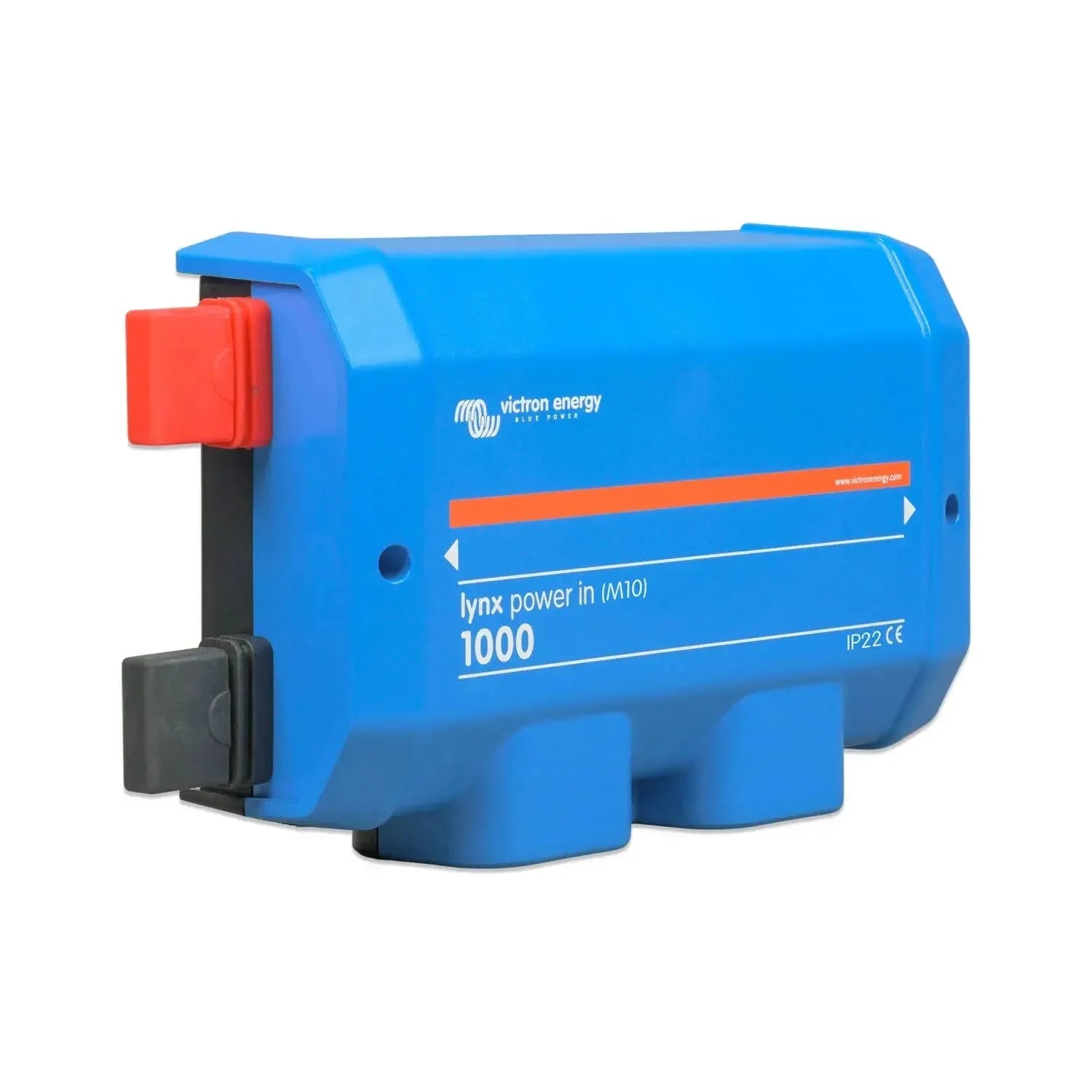 Blue rectangular Victron Energy Lynx Power In 1000 M10 DC busbar module with red terminal connector and black power input, di