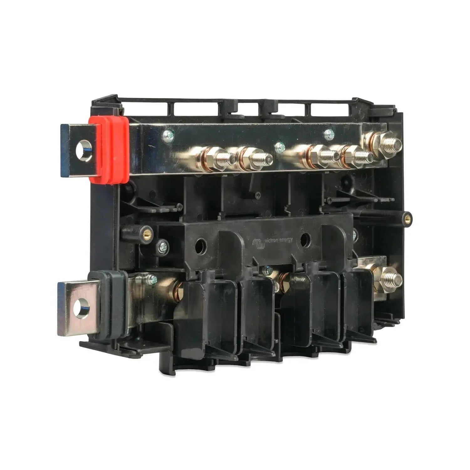Black modular DC busbar with multiple threaded terminals, red disconnect lever on left side, compartmentalized design with in