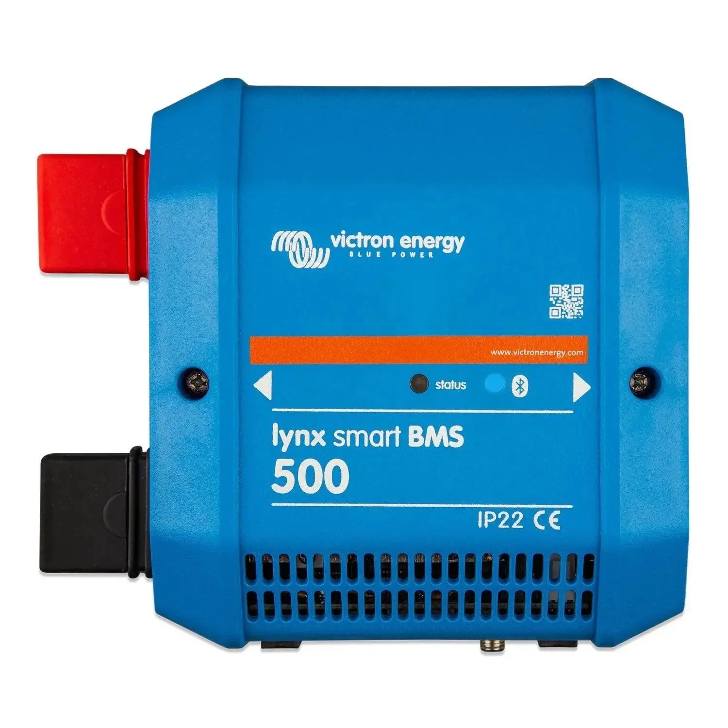 Victron Energy Lynx Smart BMS 500 battery management system, blue rectangular device with red and black cable connectors and 