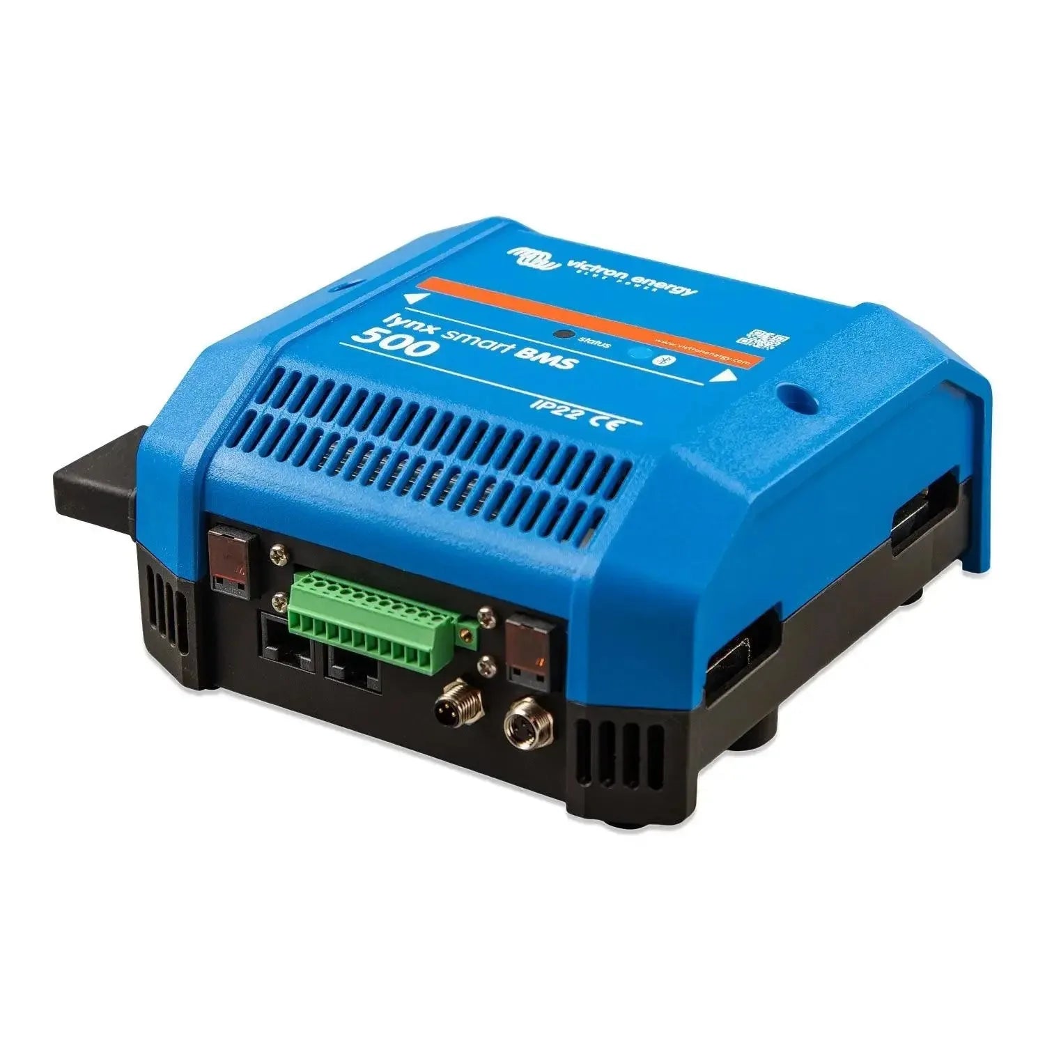 Blue and black battery management system unit with green terminal connectors, cooling vents, and LED indicators on front pane