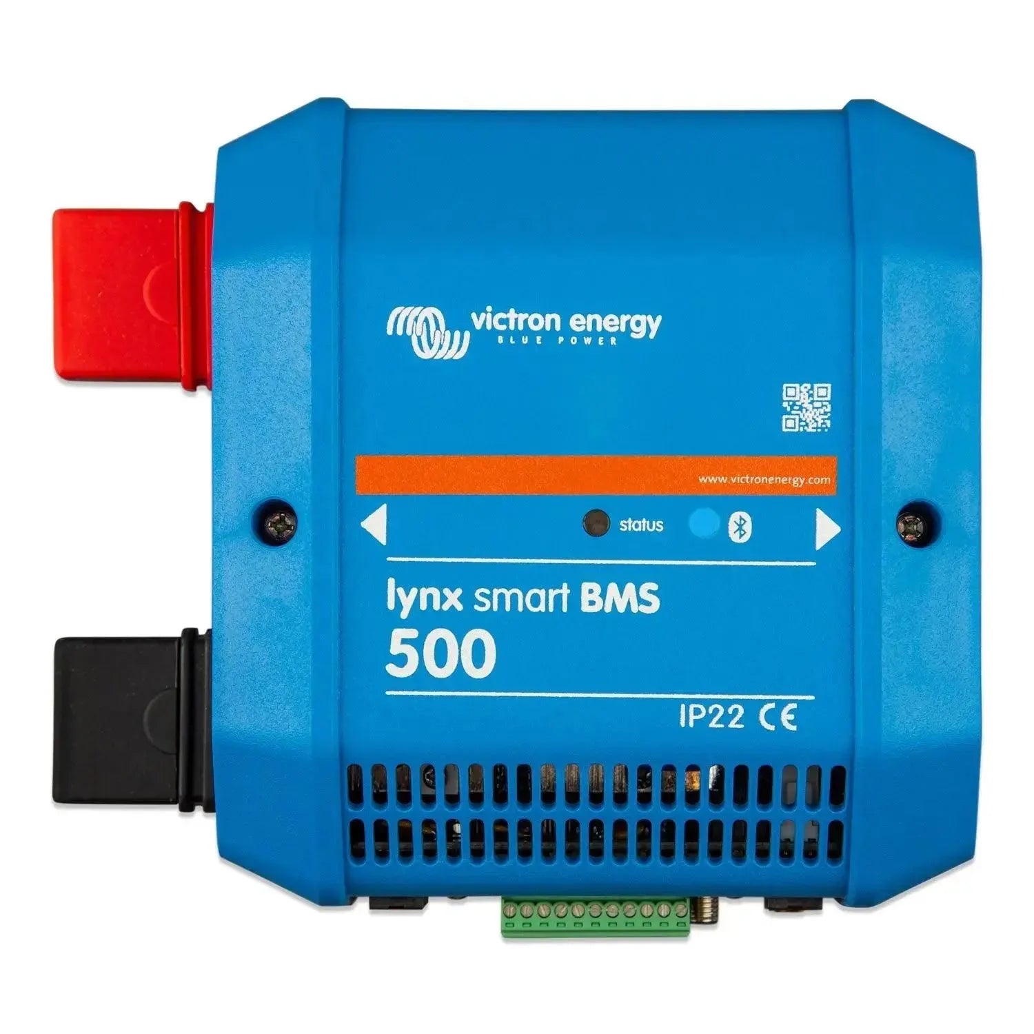 Victron Energy Lynx Smart BMS 500 battery management system, blue cylindrical device with red and black cable connectors and 